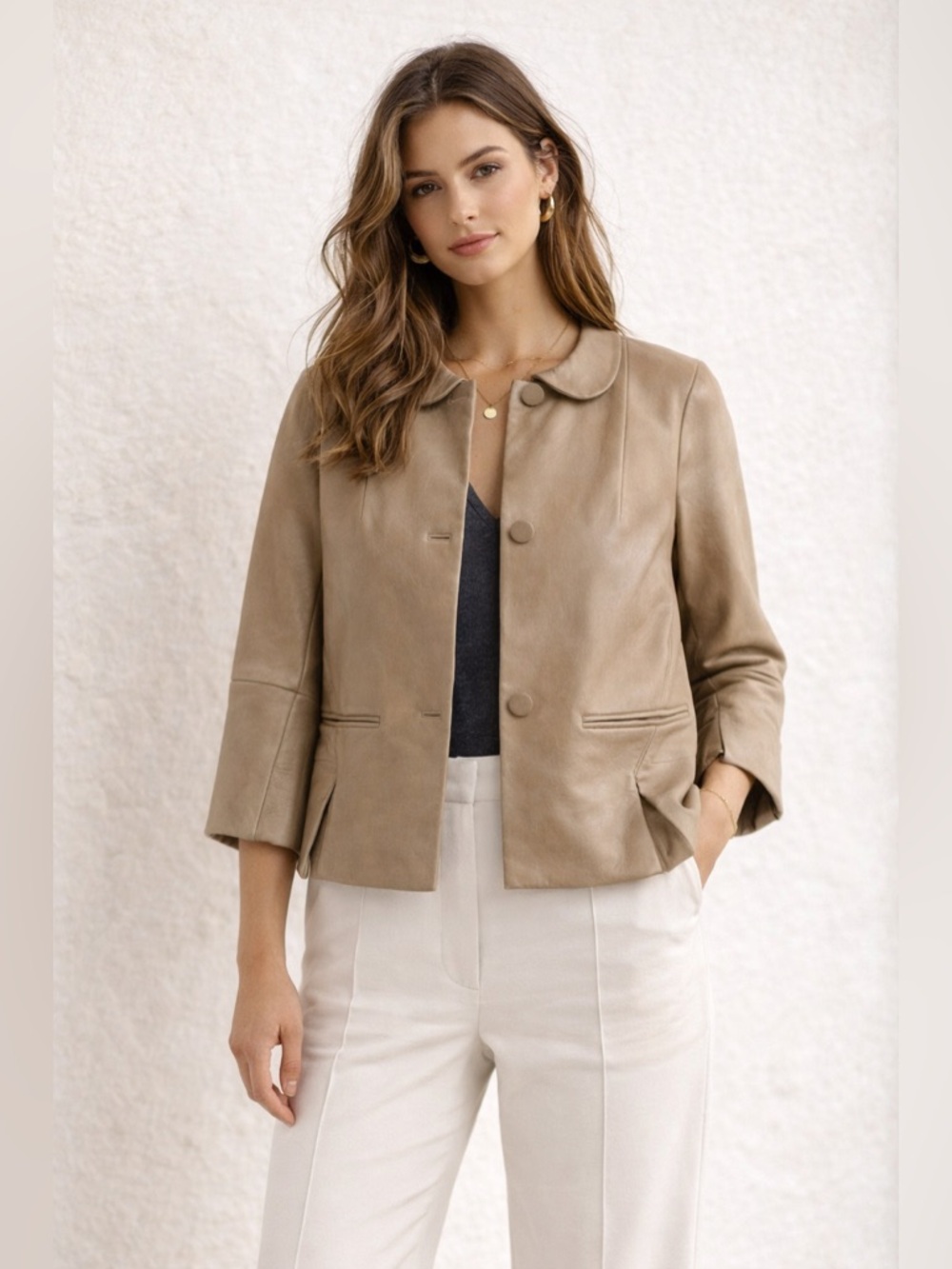 Marni minimalist leather jacket cropped 34 sleeve italian size 38 Quiet Luxury - Picture 2 of 13